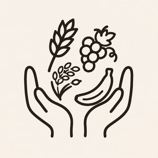 小麦やぶどうなどの材料を丁寧に選ぶ手描きイラスト