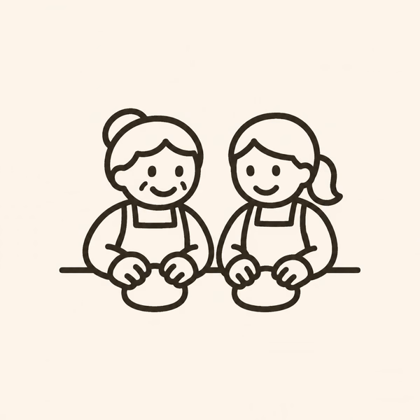 母と娘が並んでパンをつくる手描きイラスト
